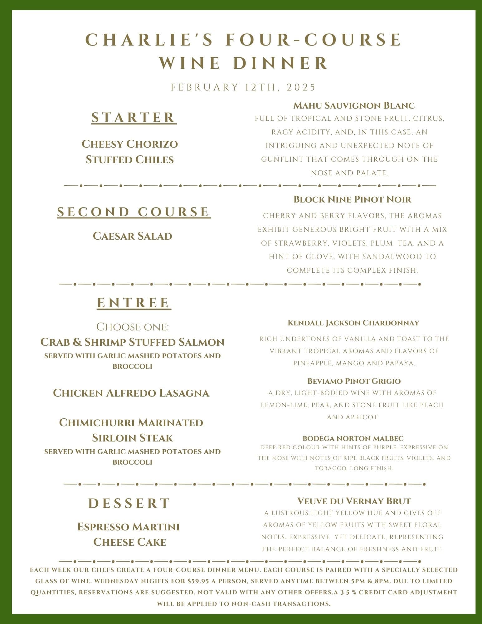 A four-course wine dinner menu for February 14th, 2024, listing food items paired with specific wines.