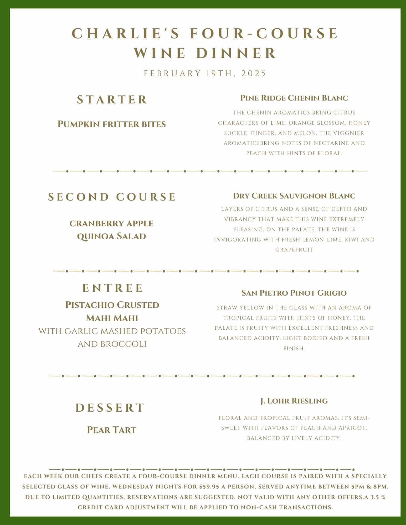 A menu for Charlie's Four-Course Wine Dinner on February 19th, 2024, featuring food and wine pairings.