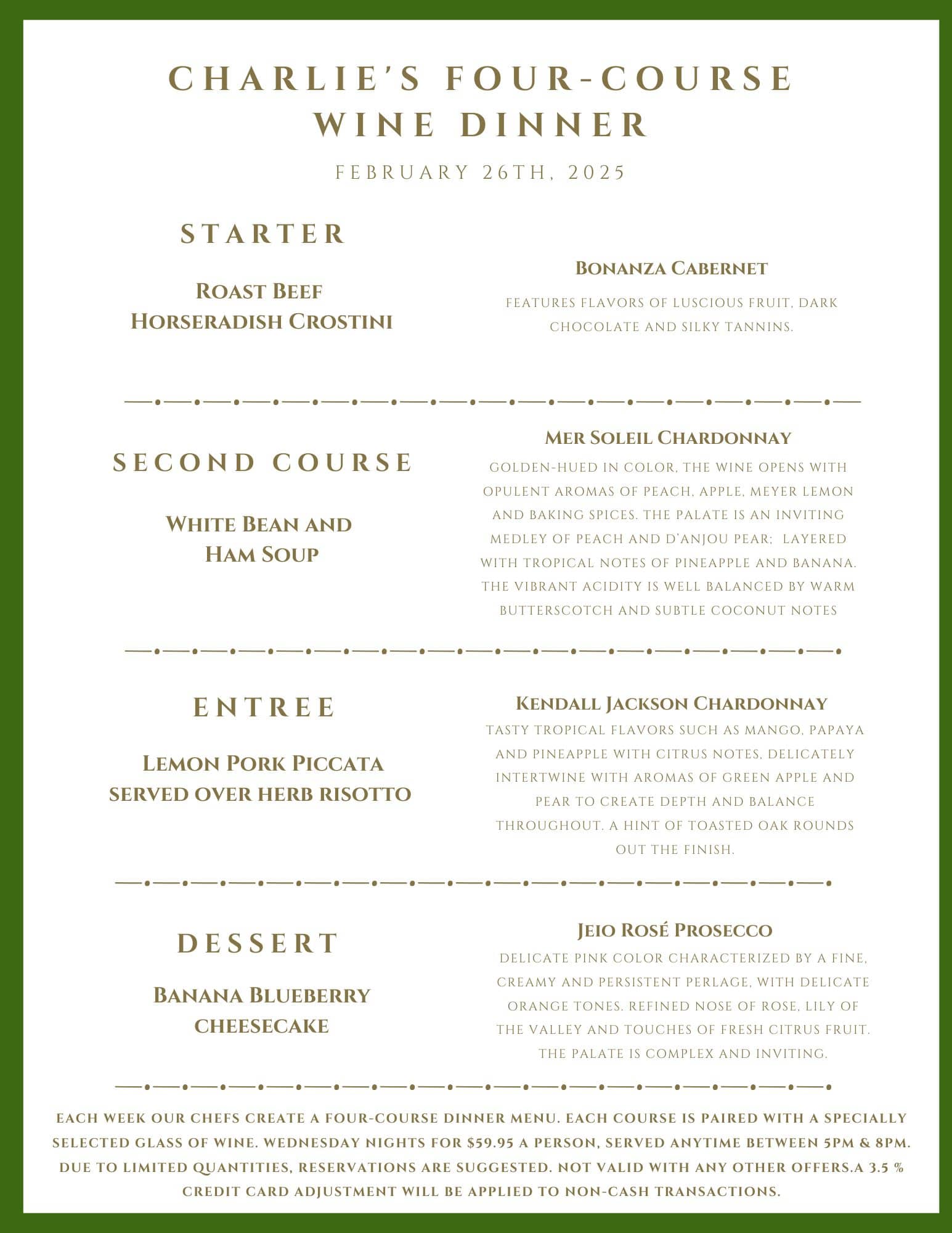 A menu for "Charlie's Four-Course Wine Dinner" on February 26th, 2025, listing four food and wine pairings.