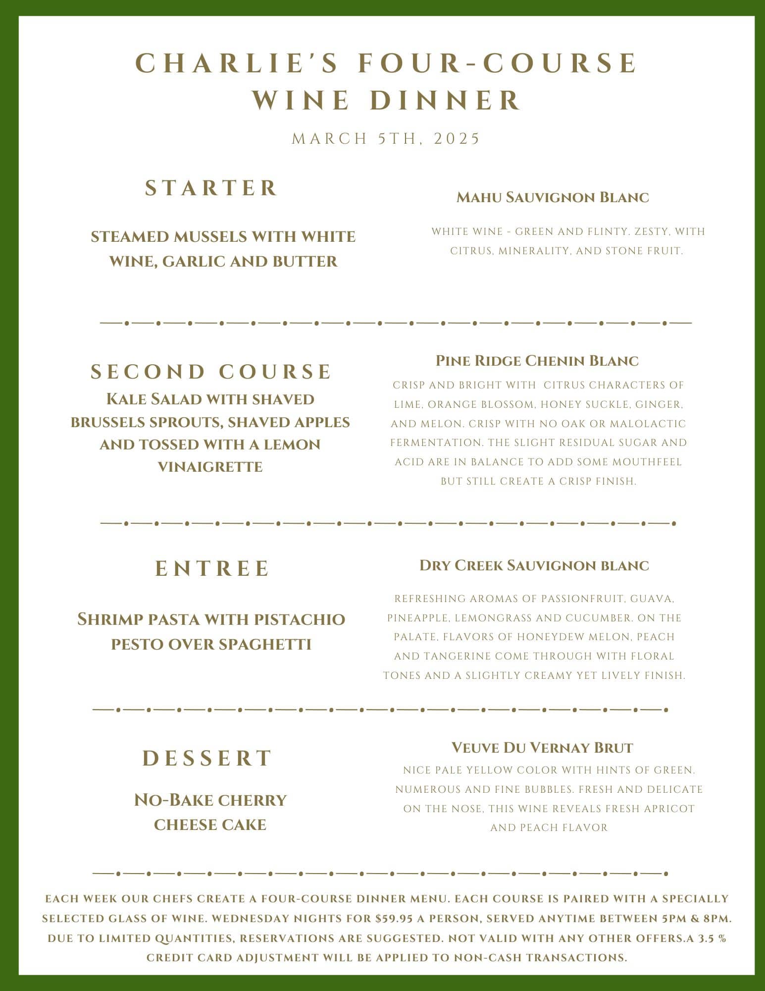 A menu for Charlie's Four-Course Wine Dinner on March 9th, 2025, listing food and wine pairings for each course.