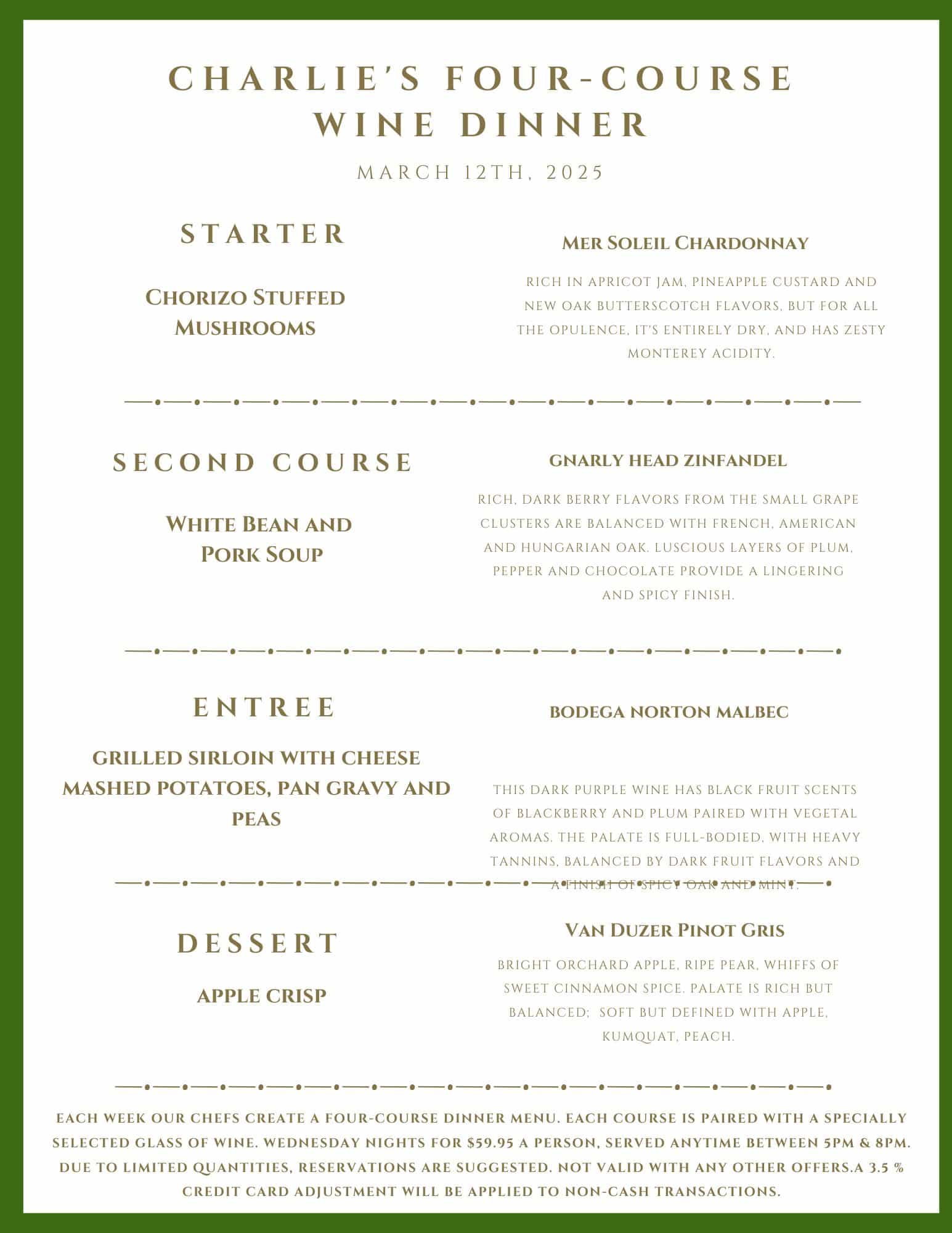 A menu for "Charlie's Four-Course Wine Dinner" on March 12th, 2025, listing food and wine pairings for four courses.