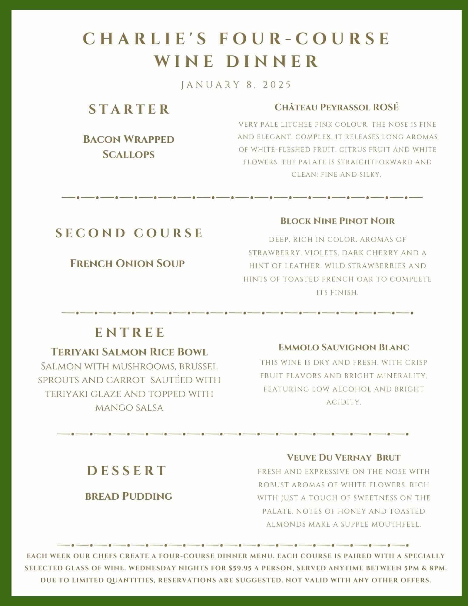 Menu for Charlie's Four-Course Wine Dinner on January 8, 2021, listing food and wine pairings for each course.