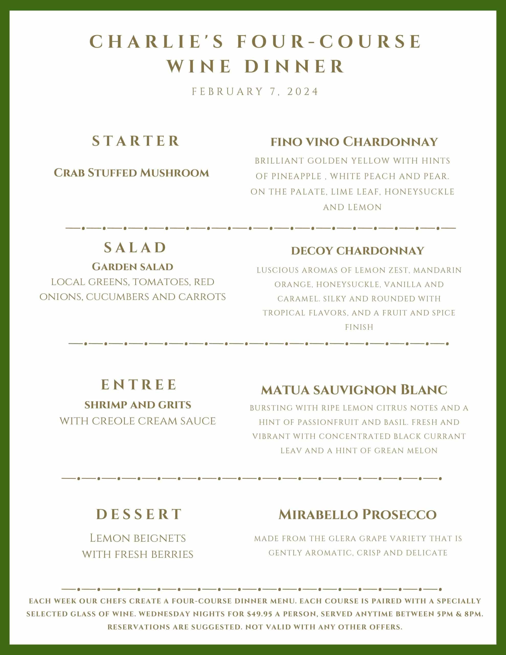 Menu for Charlie's Four-Course Wine Dinner on February 7, 2024, listing four courses paired with specific wines.