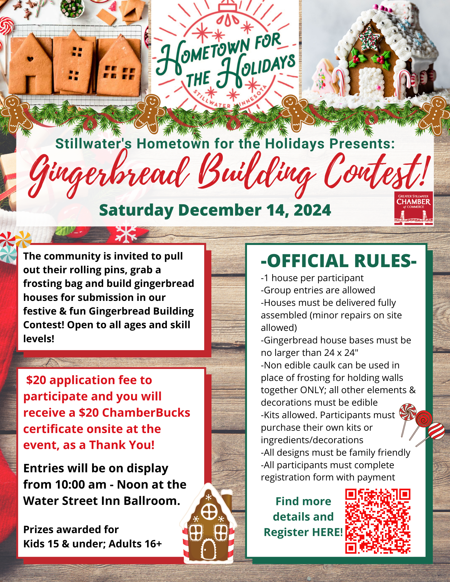 Flyer for the "Stillwater Hometown for the Holidays" gingerbread building contest on Saturday, December 14, 2024.