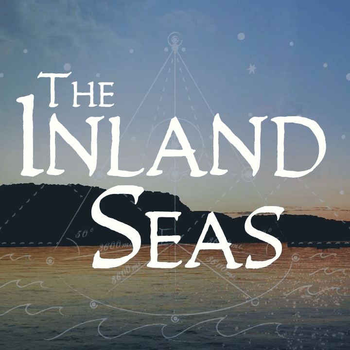 The text "THE INLAND SEAS" is overlaid on an image of a calm body of water with a distant shoreline at sunset.
