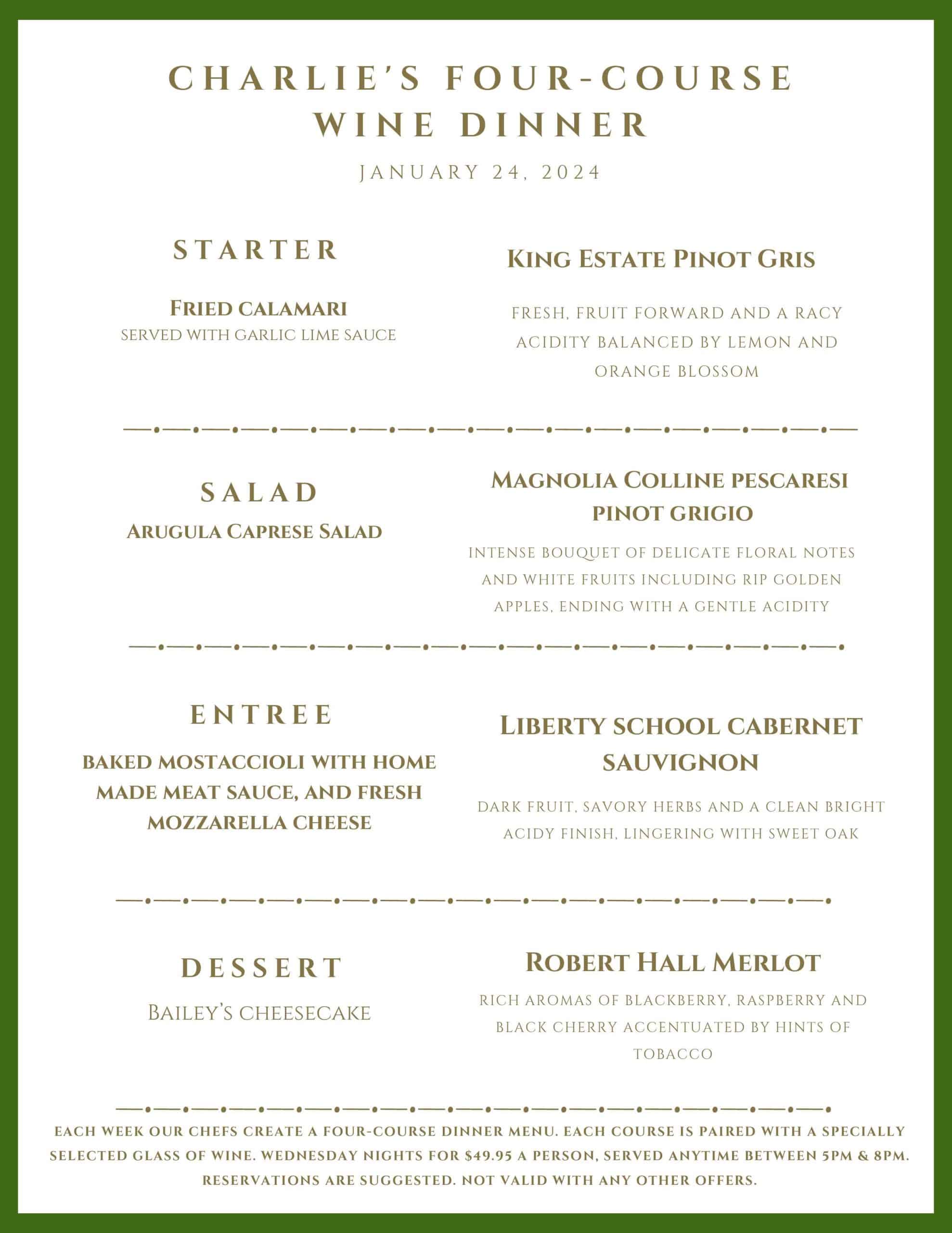 Menu for "Charlie's Four-Course Wine Dinner" on January 24, 2024, listing four food courses paired with specific wines.