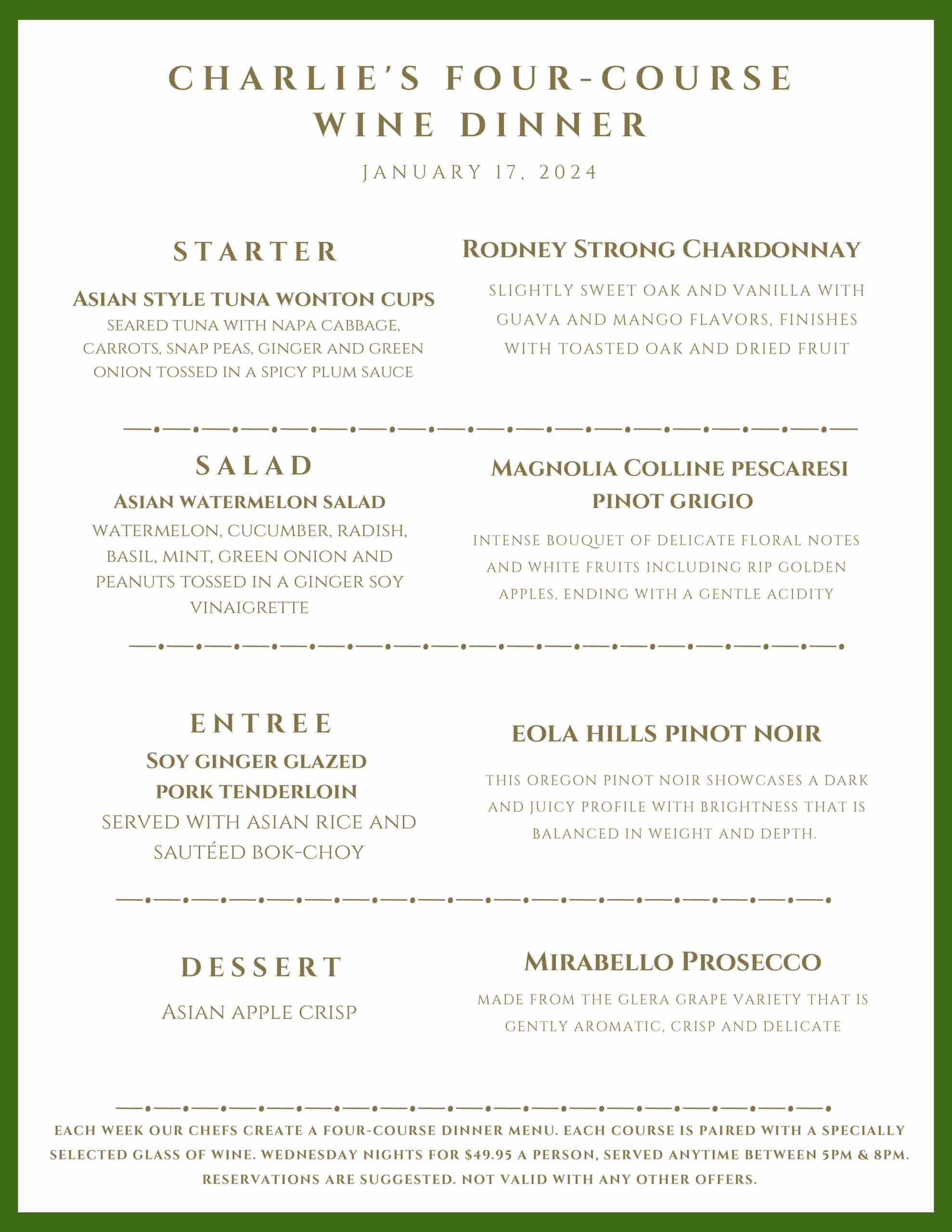 A menu for Charlie’s Four-Course Wine Dinner on January 17, 2024, listing four courses paired with specific wines.