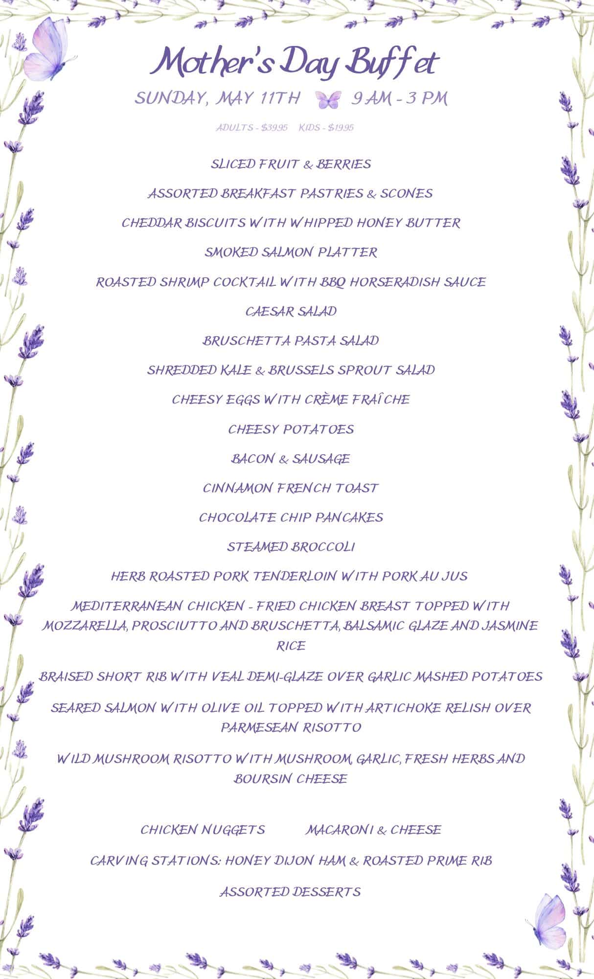 A menu for a Mother's Day brunch buffet on Sunday, May 11th, framed with illustrations of lavender.