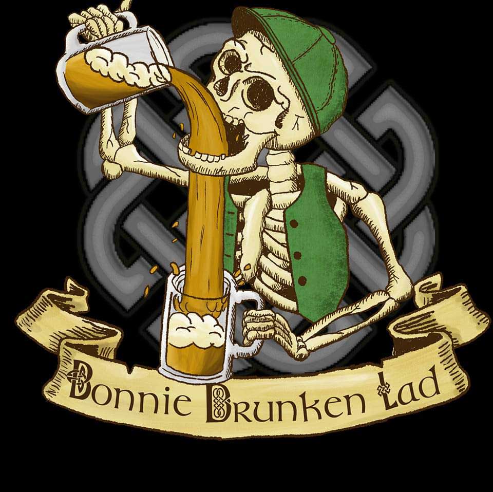 A skeleton wearing a green cap and vest pours beer from one mug to another. Text reads "Bonnie Drunken Lad."