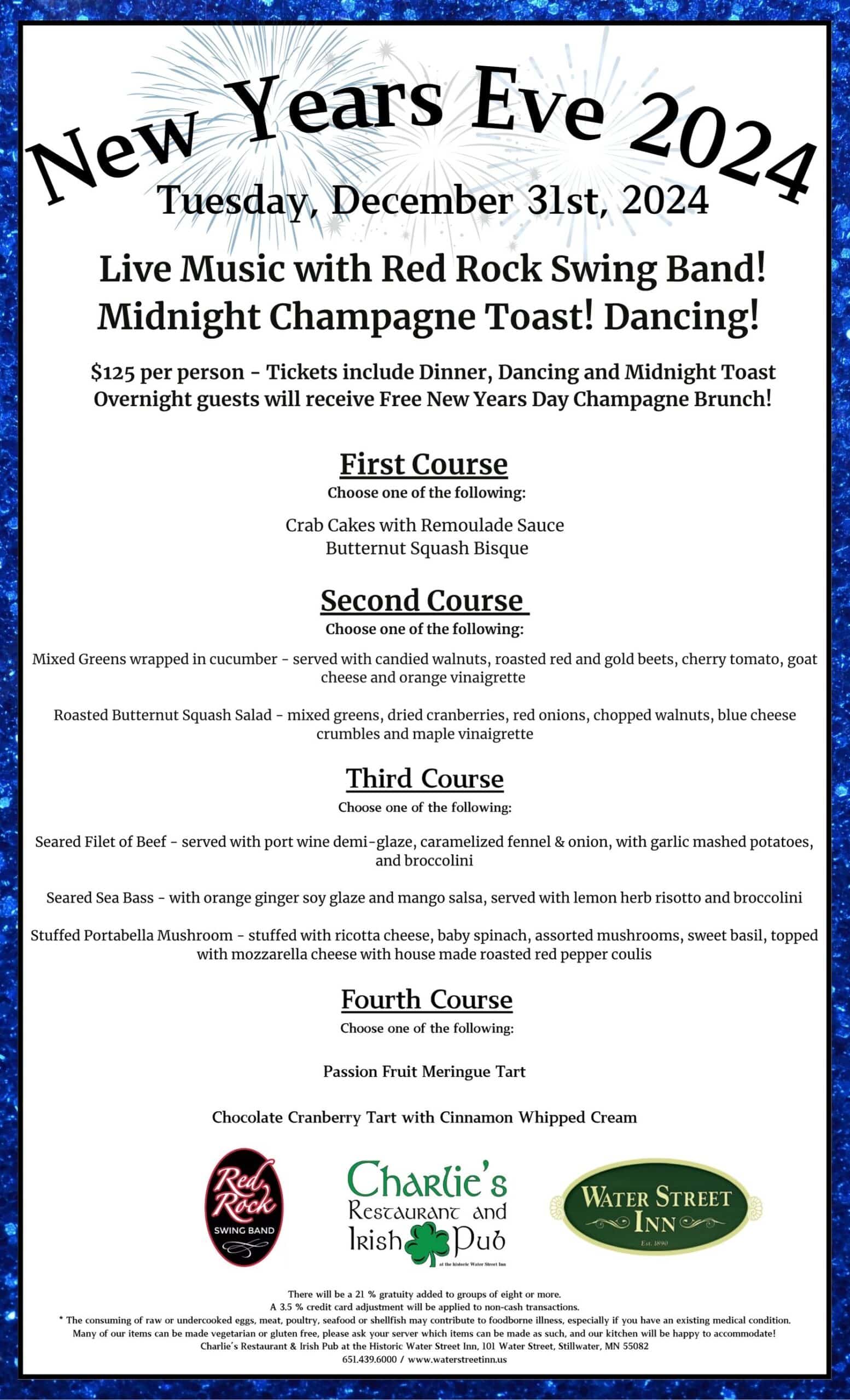 New Year's Eve 2024 dinner menu flyer for Red Rock Swing Band, including a four-course meal and event details.