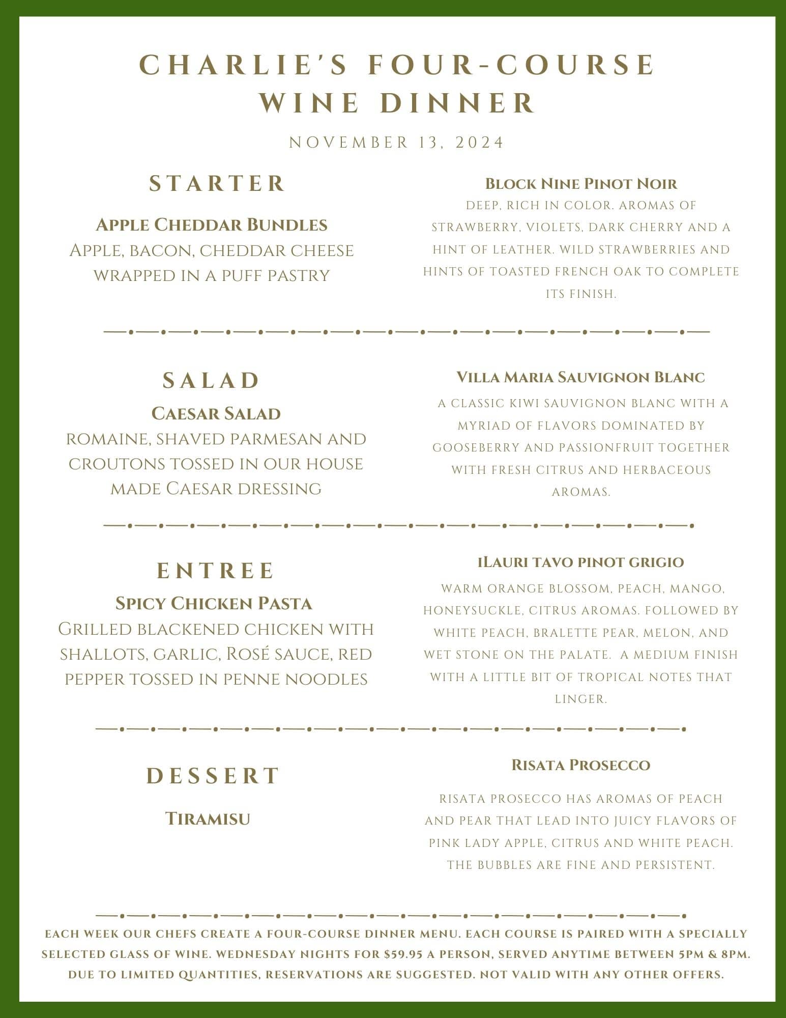 Menu for "Charlie's Four-Course Wine Dinner" on November 13, 2024, listing four courses paired with specific wines.