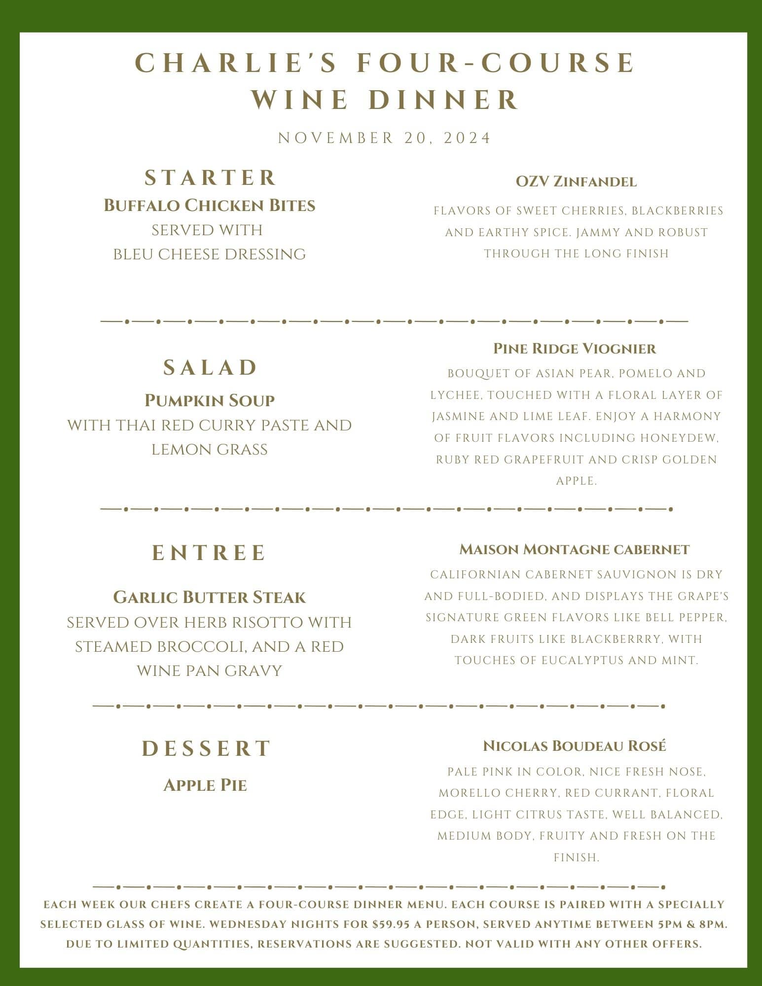 A menu for Charlie's Four-Course Wine Dinner on November 20, 2024, featuring food and wine pairings.
