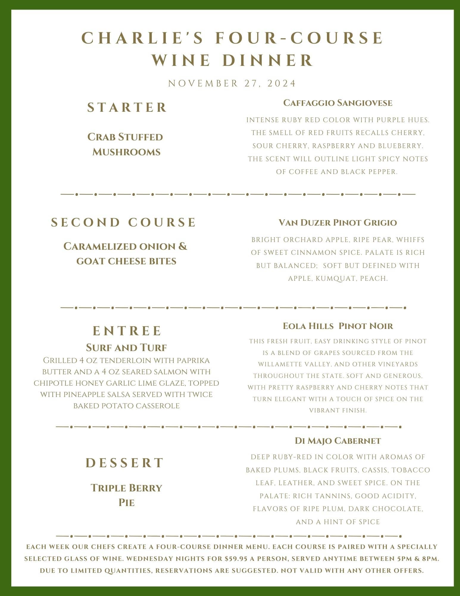 A four-course wine dinner menu for Charlie's on November 27, 2024, featuring food and wine pairings.