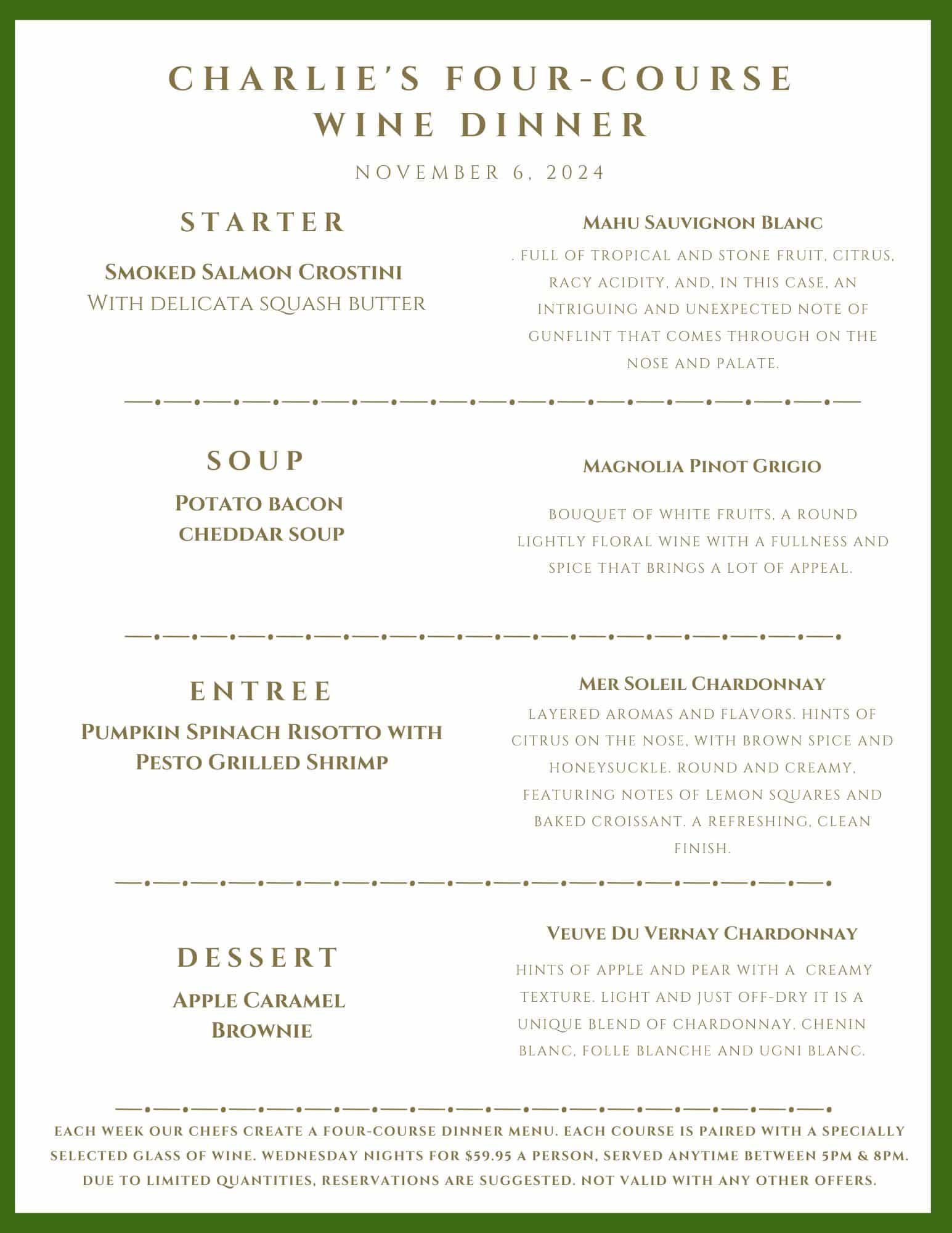 Menu for Charlie's Four-Course Wine Dinner on November 6, 2024, listing starter, soup, entree, and dessert pairings.
