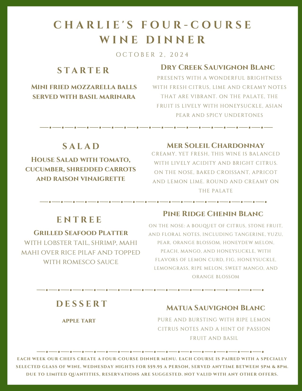Menu for Charlie's Four-Course Wine Dinner on Oct 2, 2024, listing four food courses paired with specific wines.