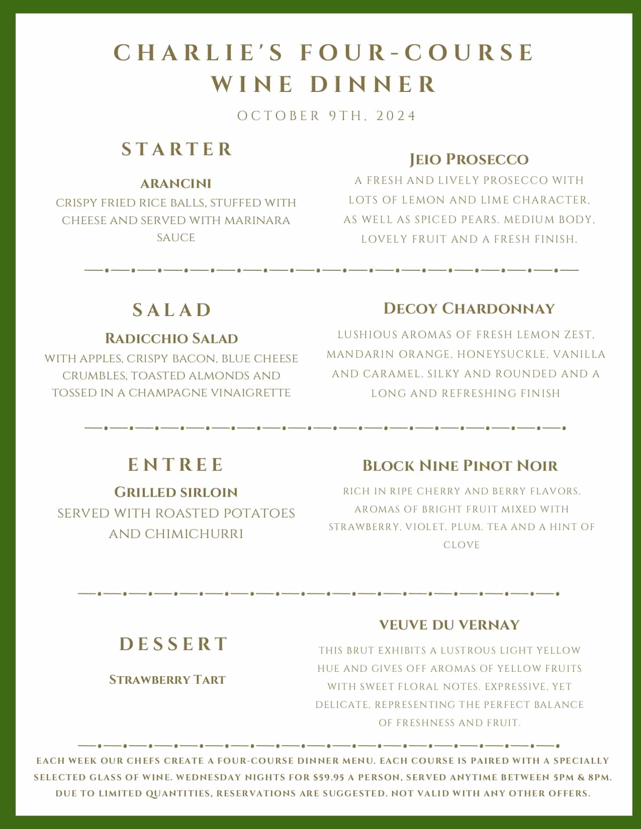 Menu for Charlie's Four-Course Wine Dinner on October 9th, 2024, listing four courses paired with specific wines.