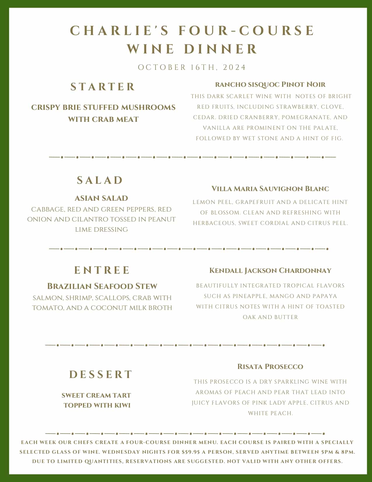 Menu for Charlie's Four-Course Wine Dinner on October 16th, 2024, listing courses with wine pairings.