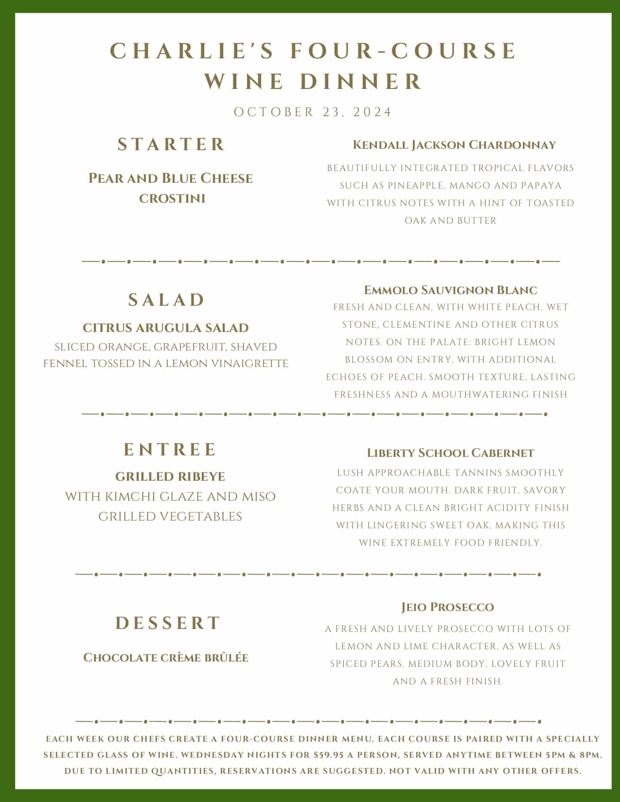 A menu for "Charlie's Four-Course Wine Dinner" on October 21, 2024, listing four courses paired with specific wines.