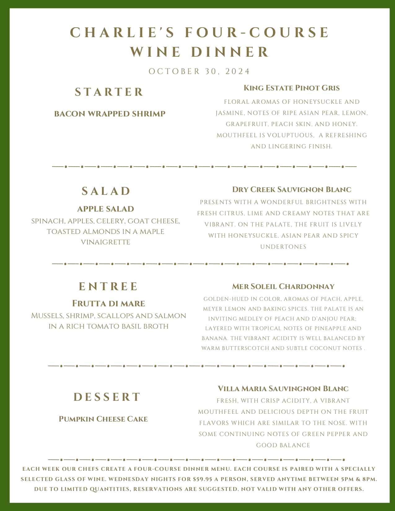 A menu for "Charlie's Four-Course Wine Dinner" on October 30, 2024, listing four food courses paired with wines.