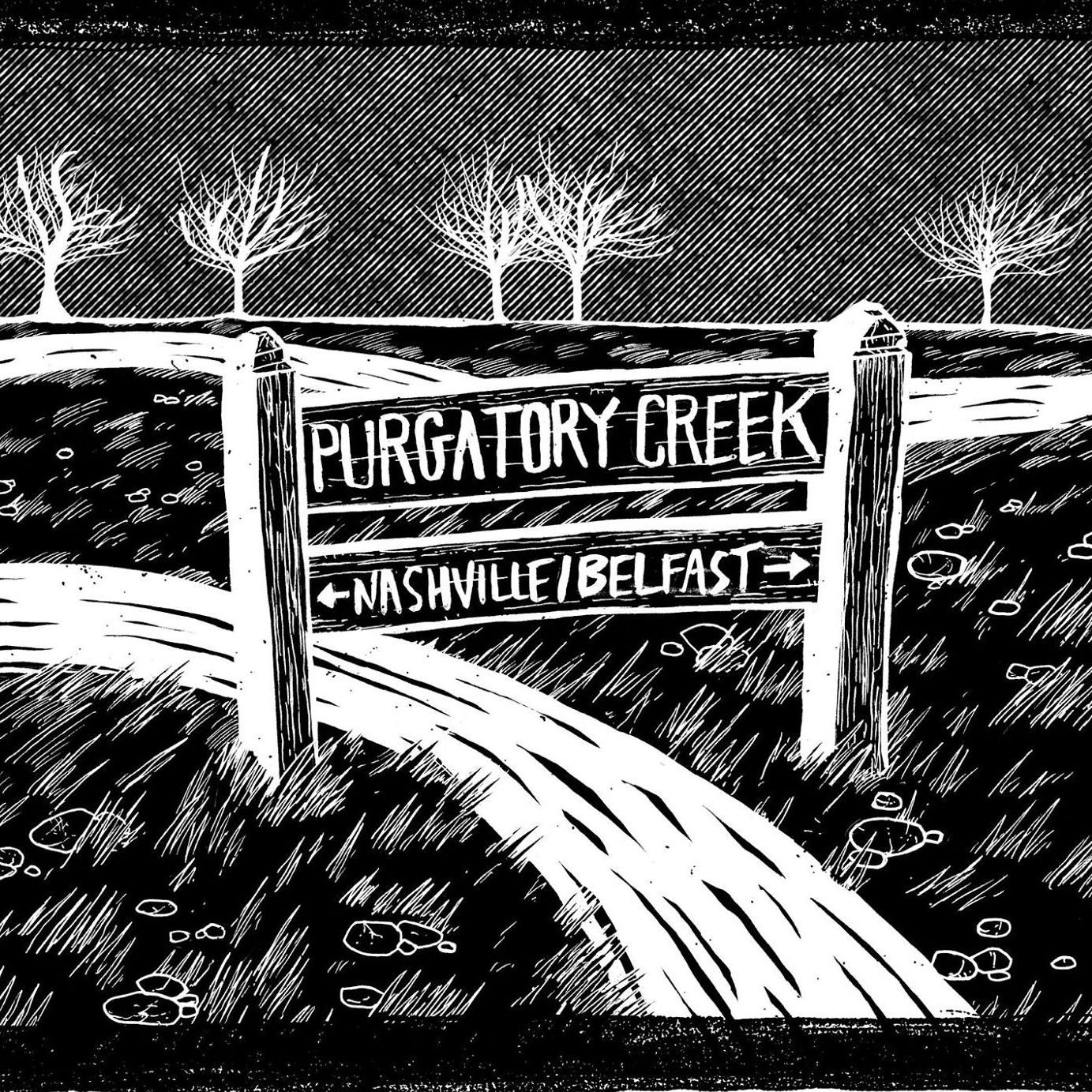 Black-and-white ink illustration of a signpost reading "PURGATORY CREEK" with arrows to Nashville and Belfast.
