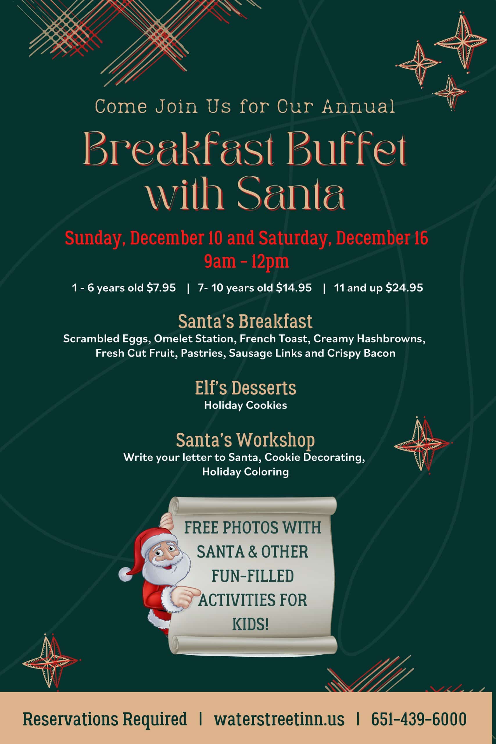 Flyer for a Breakfast Buffet with Santa on Dec 10 and 16, featuring menu details, activities, and contact info.