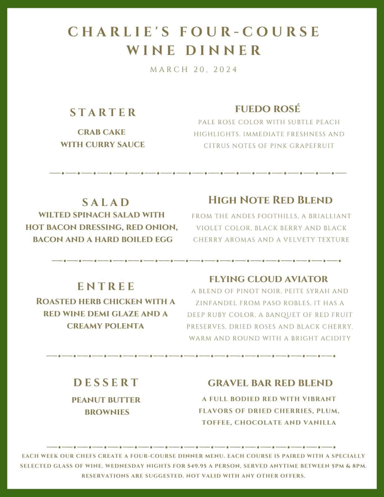 A four-course wine dinner menu titled "Charlie's Four-Course Wine Dinner" dated March 30, 2024.