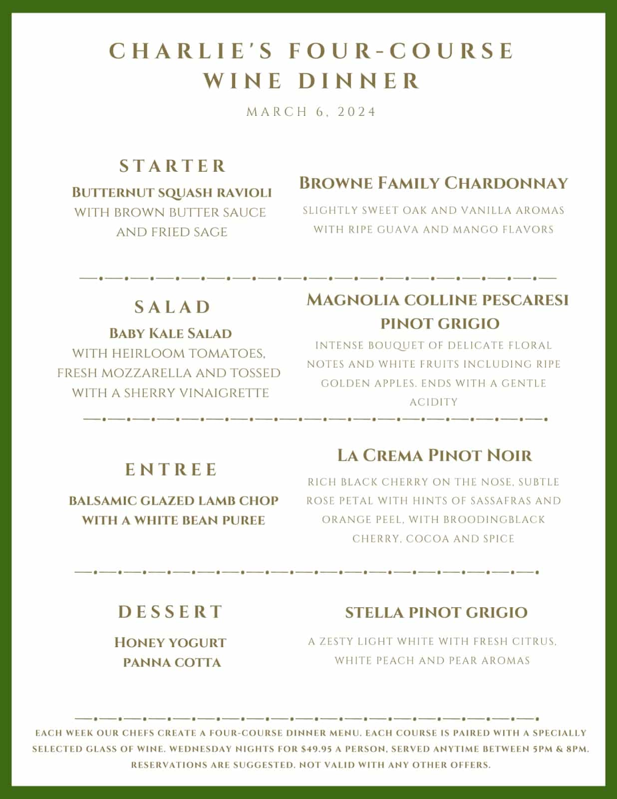 Menu for Charlie’s Four-Course Wine Dinner on March 6, 2024, listing four courses paired with specific wines.