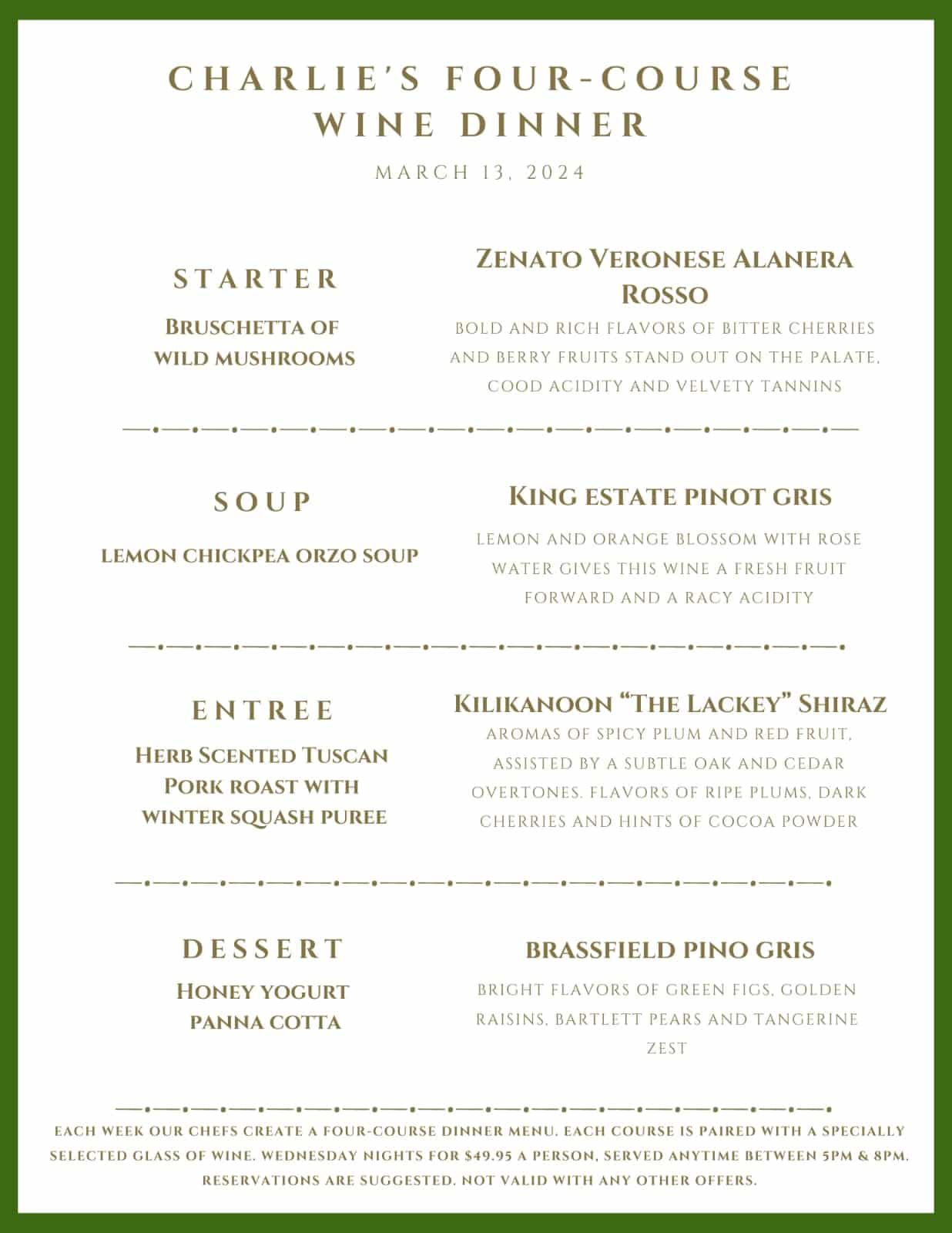 A menu for Charlie's Four-Course Wine Dinner on March 15, 2024, featuring food and wine pairings for each course.