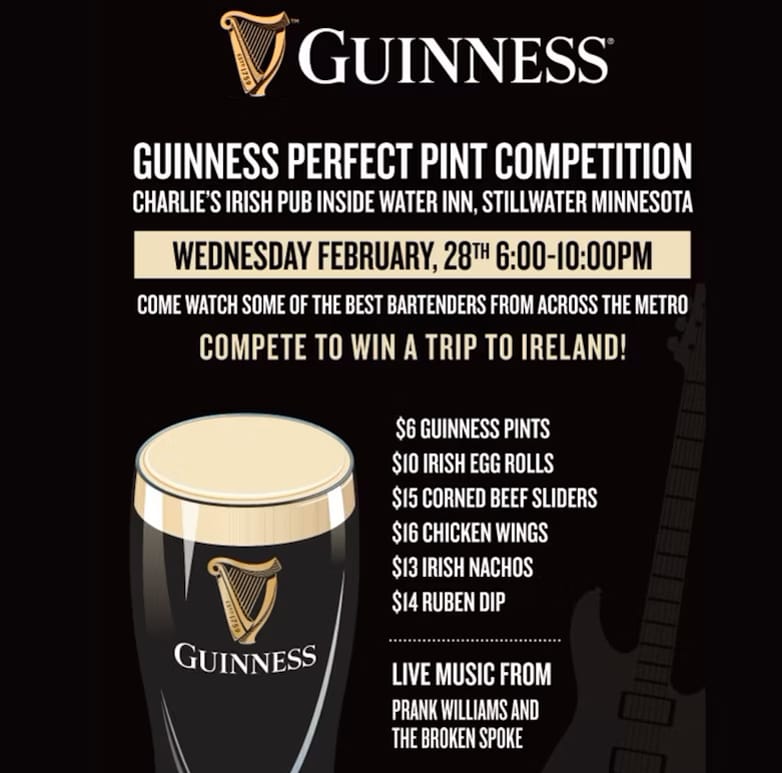 Flyer for a Guinness Perfect Pint Competition at Charlie's Irish Pub on Feb 28 with menu specials and live music.