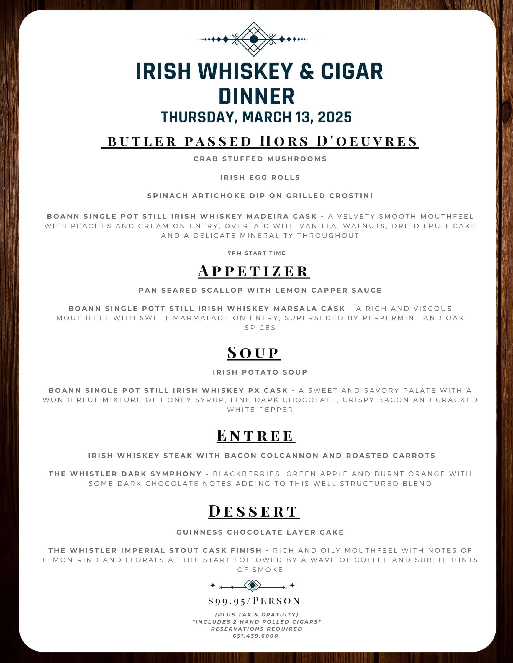 A menu for an Irish Whiskey & Cigar Dinner on March 13, 2025, listing courses and whiskey pairings.