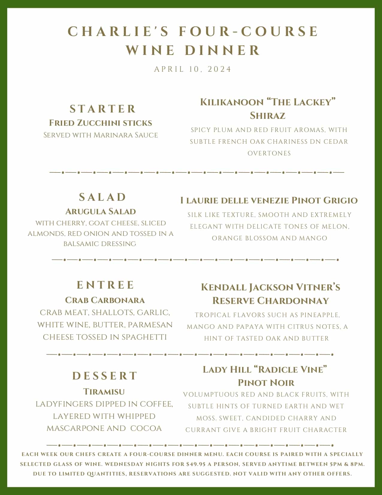 A menu for "Charlie's Four-Course Wine Dinner" on April 10, 2024, listing four courses paired with specific wines.
