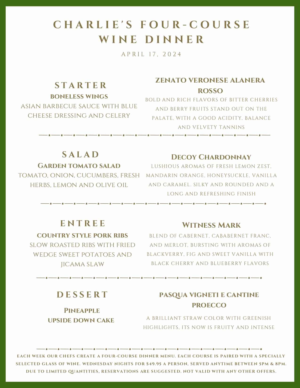 A menu for Charlie's Four-Course Wine Dinner on April 17, 2024, listing four food and wine pairings.