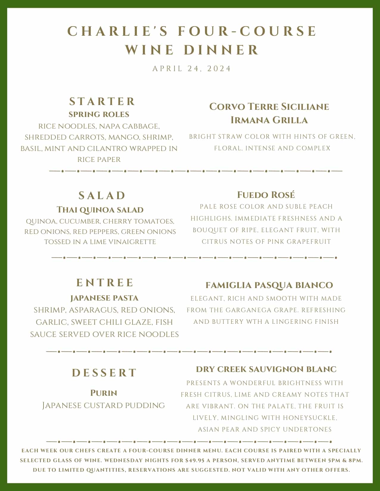 Menu for Charlie's Four-Course Wine Dinner on April 24, 2024, listing four courses paired with specific wines.