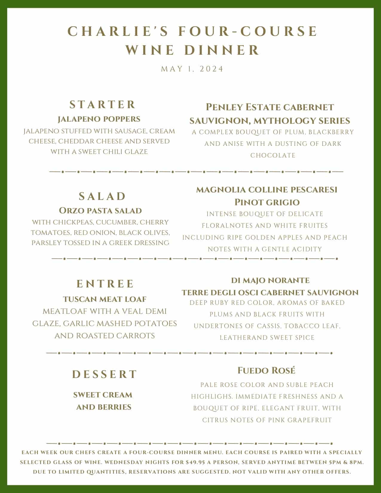 A menu for "Charlie's Four-Course Wine Dinner" on May 1, 2024, listing four food courses paired with specific wines.