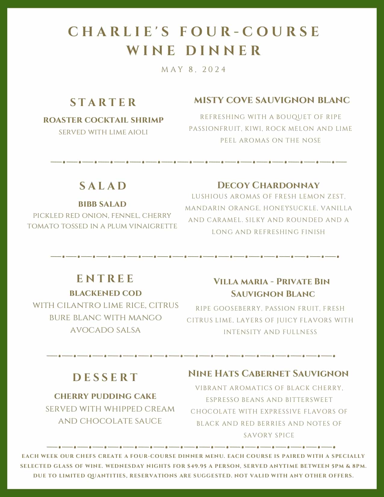 A four-course wine dinner menu for May 8, 2024, featuring food and wine pairings for four courses.