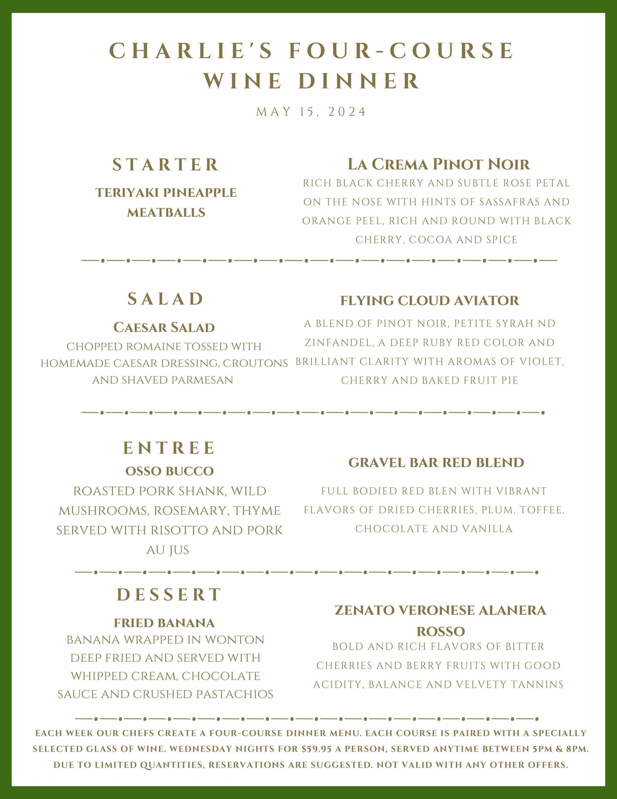 A menu for Charlie's Four-Course Wine Dinner on May 17, 2024, listing four food and wine pairings.