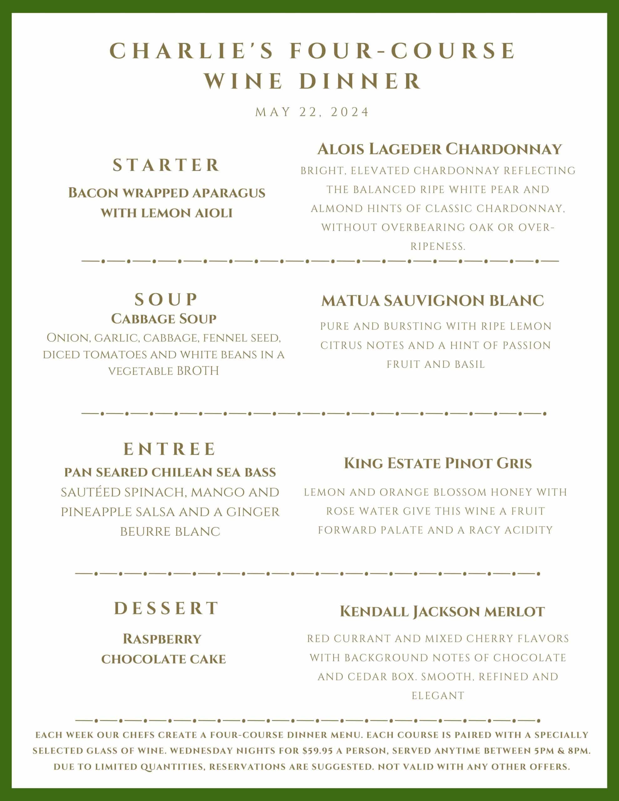 A menu for Charlie's Four-Course Wine Dinner on May 22, 2024, listing four courses paired with specific wines.