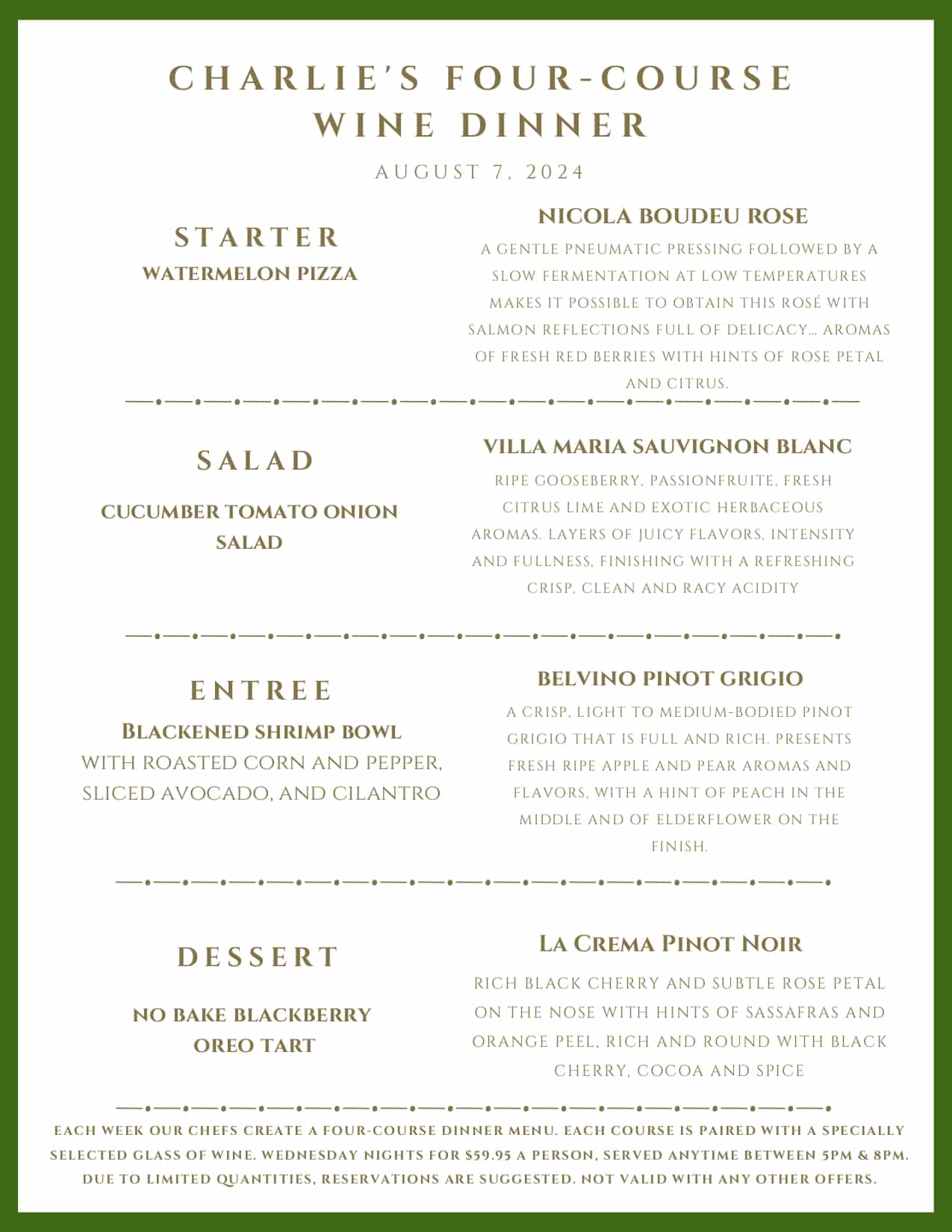 Menu for "Charlie's Four-Course Wine Dinner" on August 7, 2024, listing four courses paired with specific wines.