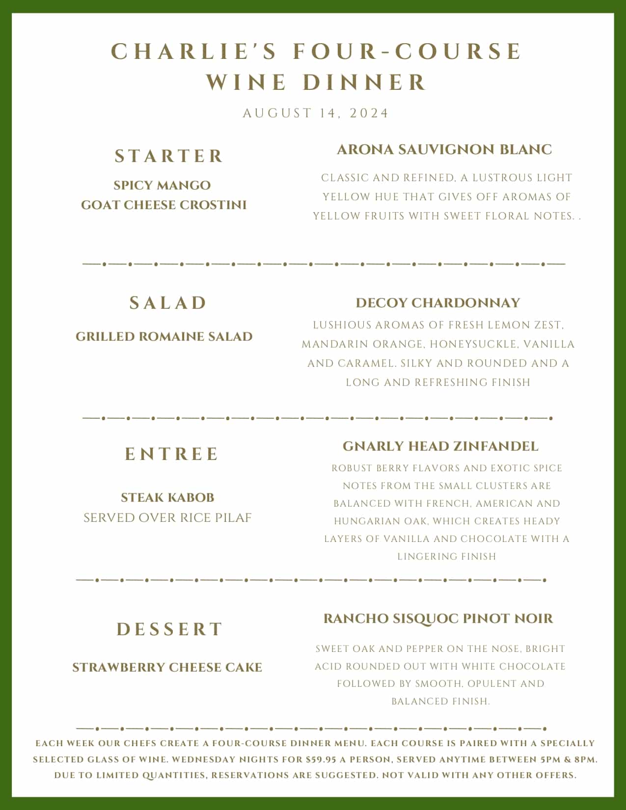 A menu for Charlie's Four-Course Wine Dinner on August 14, 2024, listing four food and wine pairings.