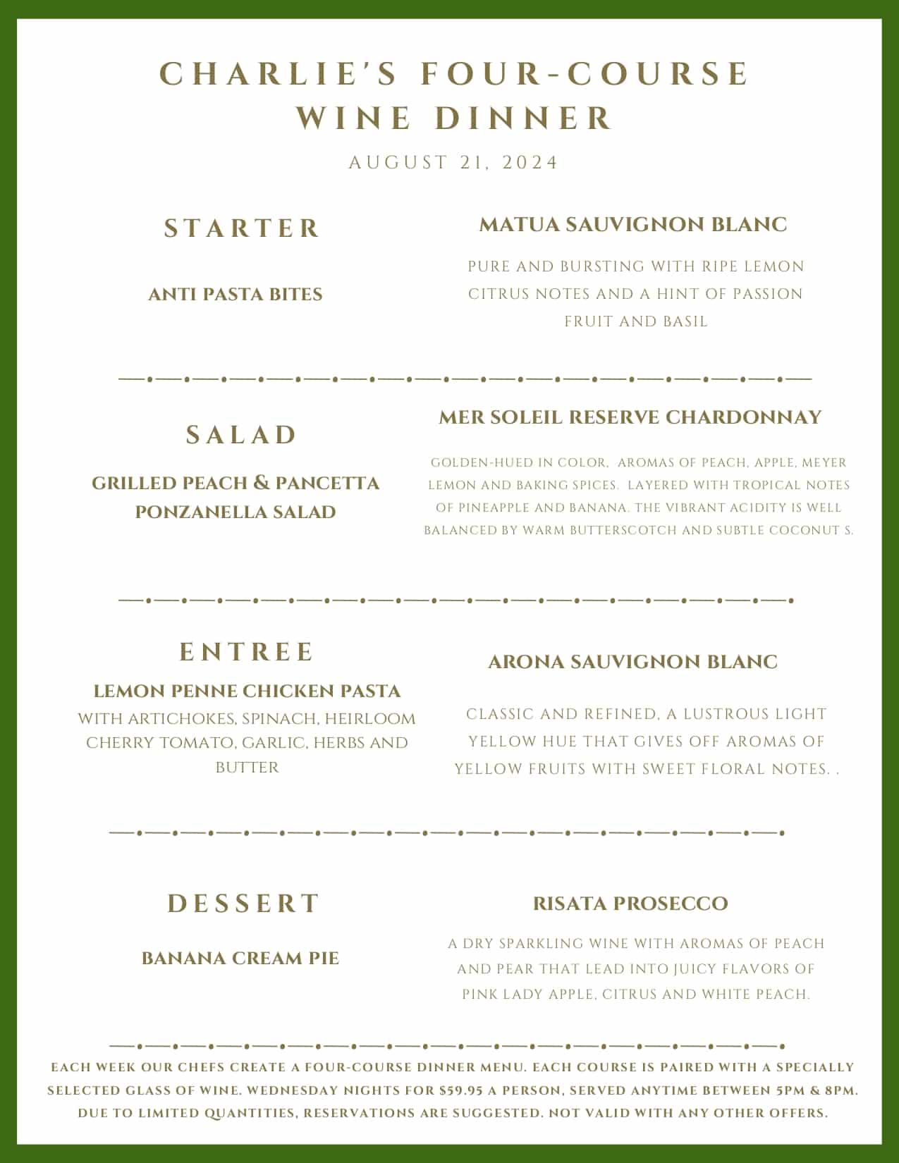 Menu for "Charlie's Four-Course Wine Dinner" on August 21, 2024, listing four courses paired with specific wines.