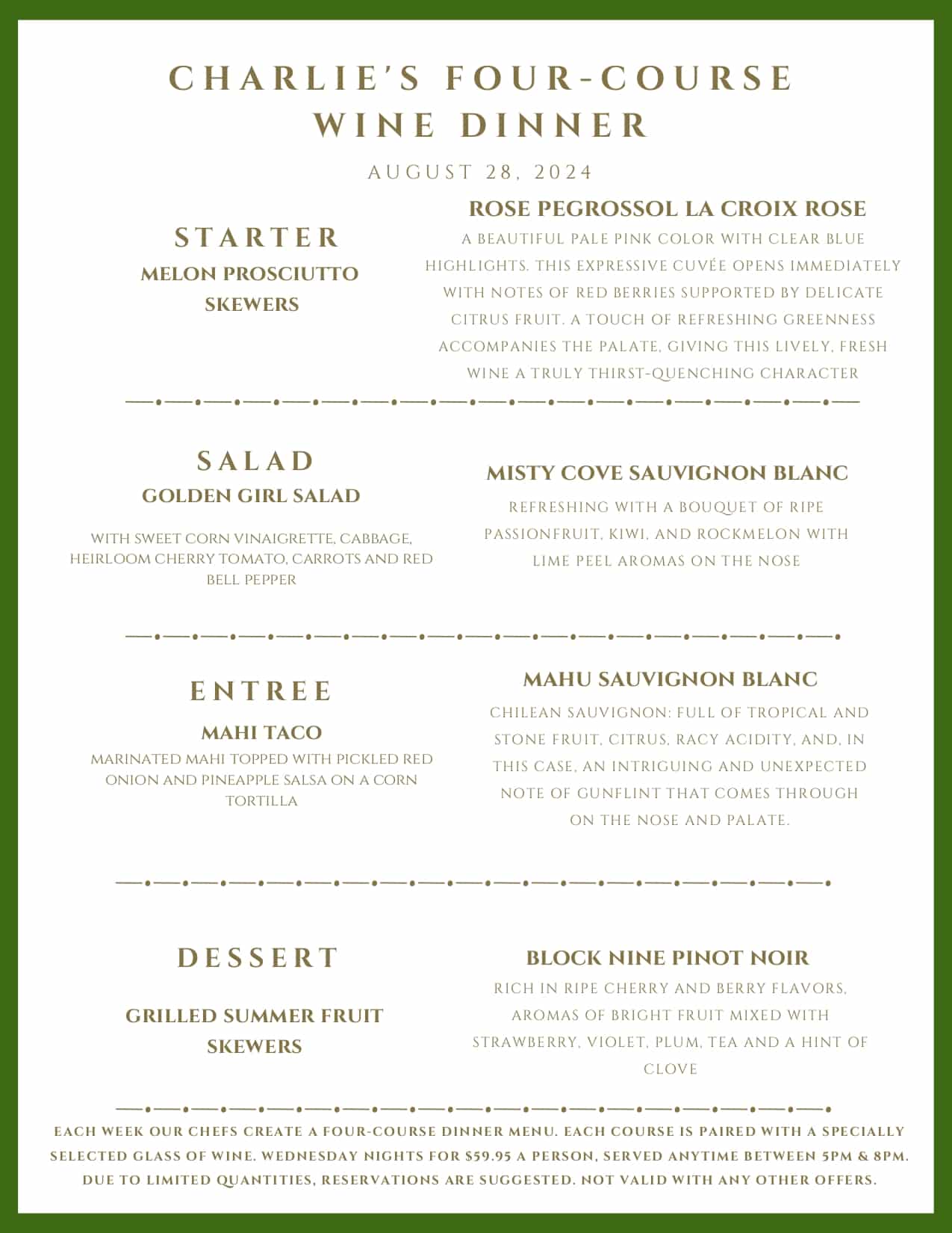 A menu for Charlie's Four-Course Wine Dinner on August 28, 2024, featuring four food and wine pairings.