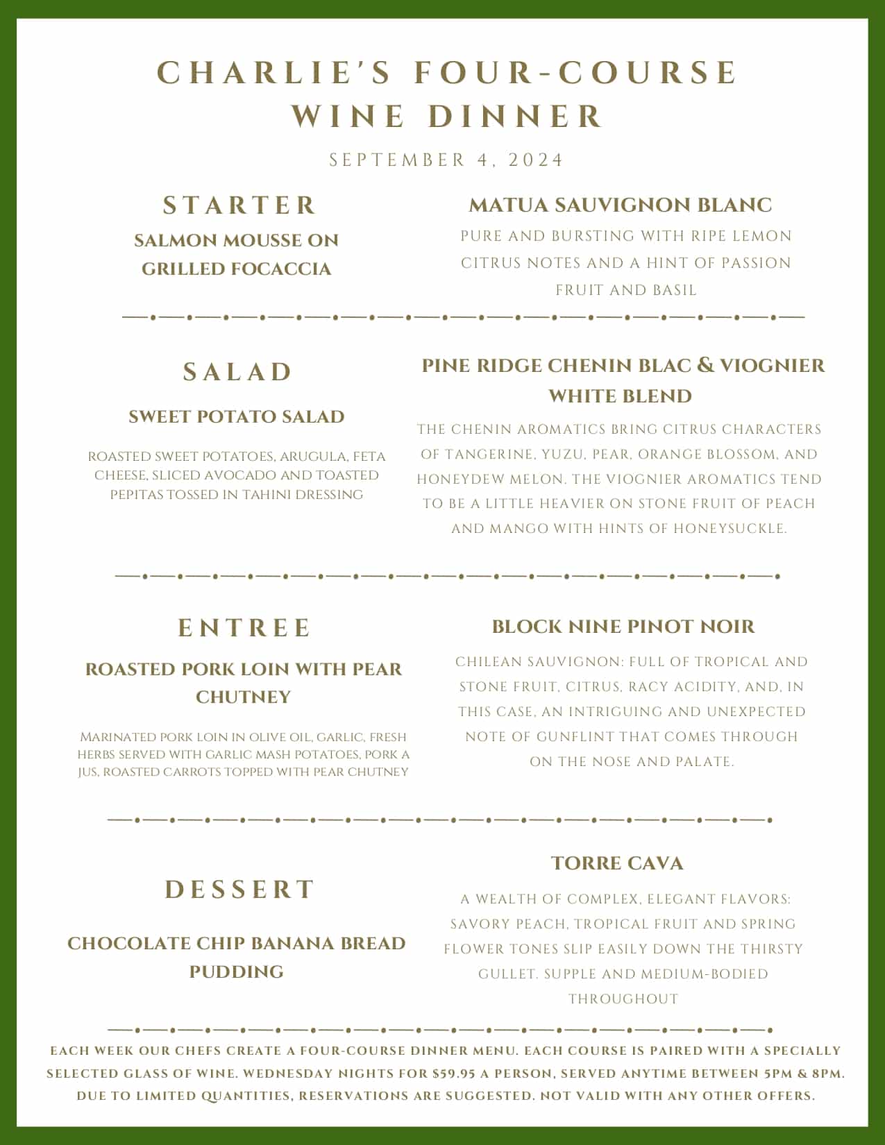 A menu for Charlie's Four-Course Wine Dinner on September 4, 2024, listing four food courses paired with wines.