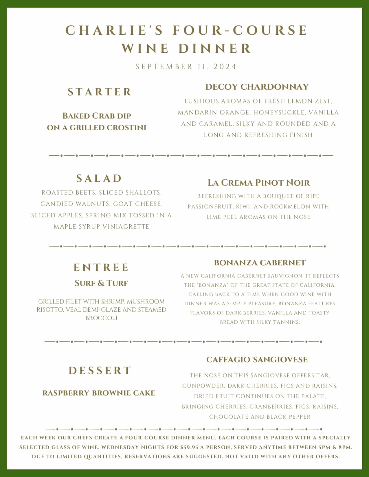 A menu titled "Charlie’s Four-Course Wine Dinner" listing four food courses paired with specific wines.
