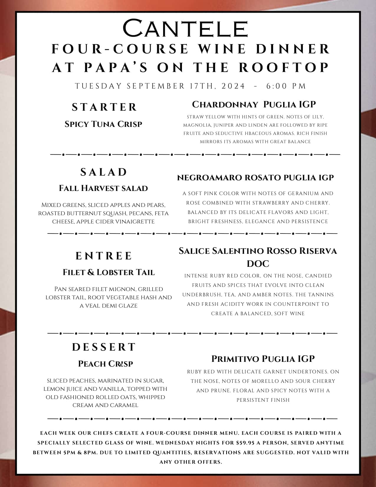 Menu for Cantele Four-Course Wine Dinner at Papa's on the Rooftop, September 17, 2024.