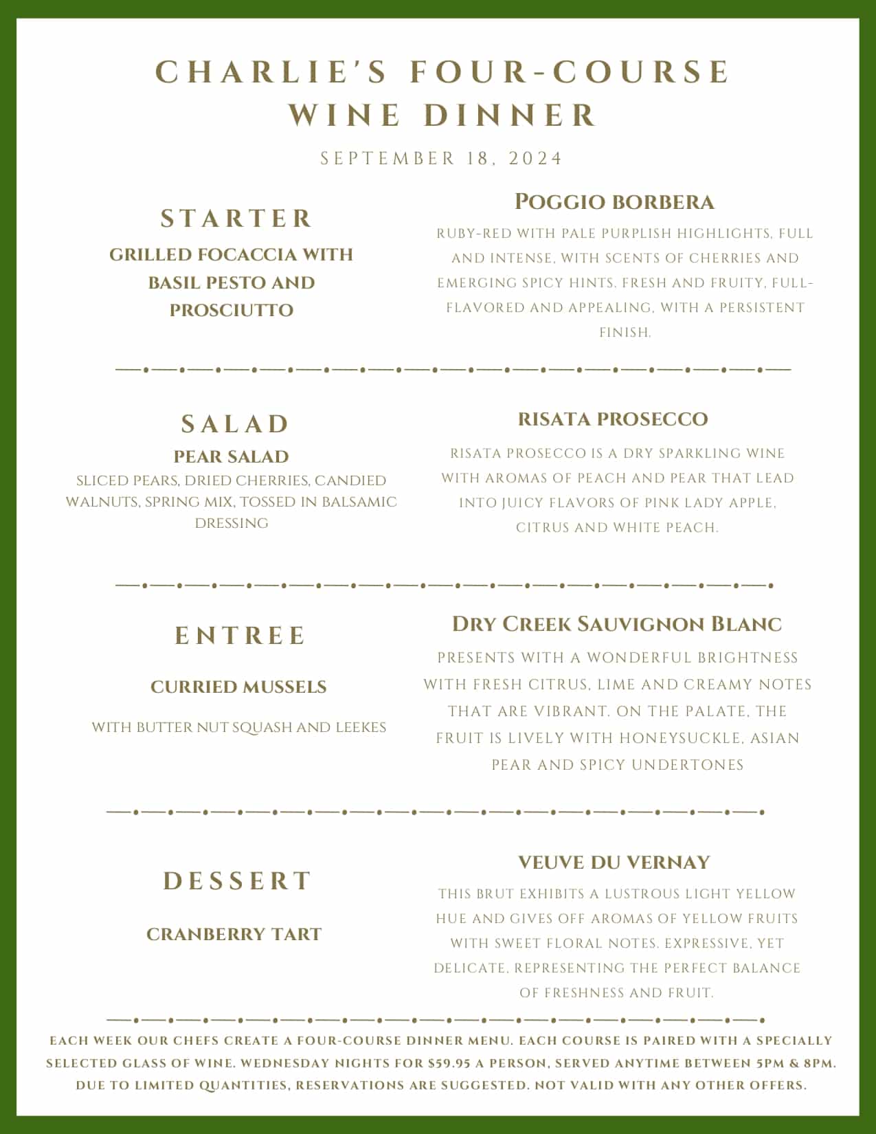 A menu for "Charlie's Four-Course Wine Dinner" on September 18, 2024, listing four courses paired with specific wines.