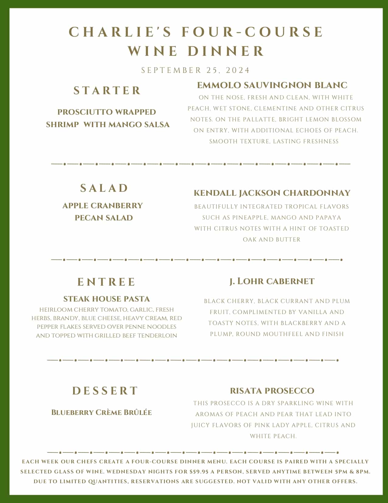 A menu for "Charlie's Four-Course Wine Dinner" on September 25, 2024, listing four courses paired with specific wines.
