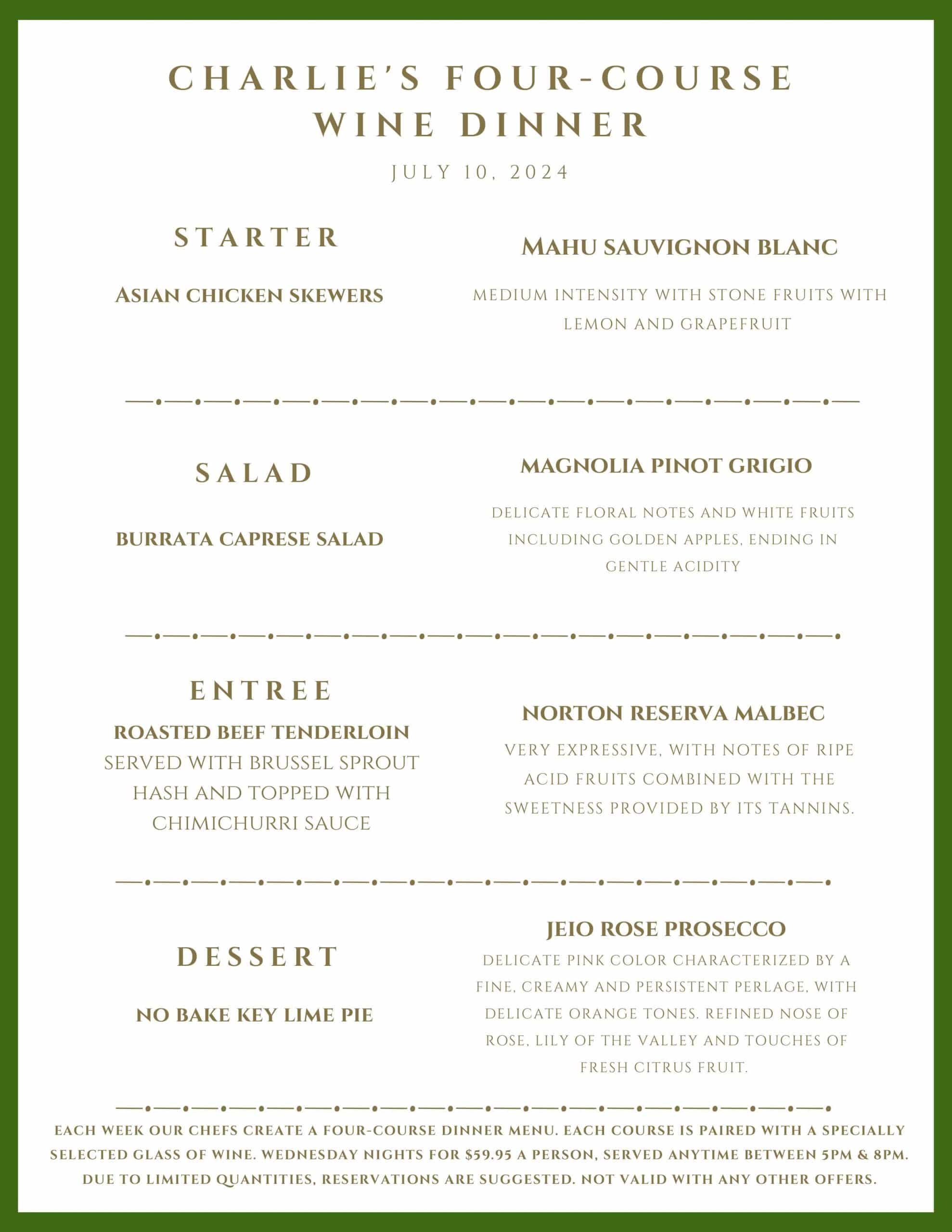 Menu for Charlie's Four-Course Wine Dinner on July 10, 2024, listing four food courses paired with specific wines.