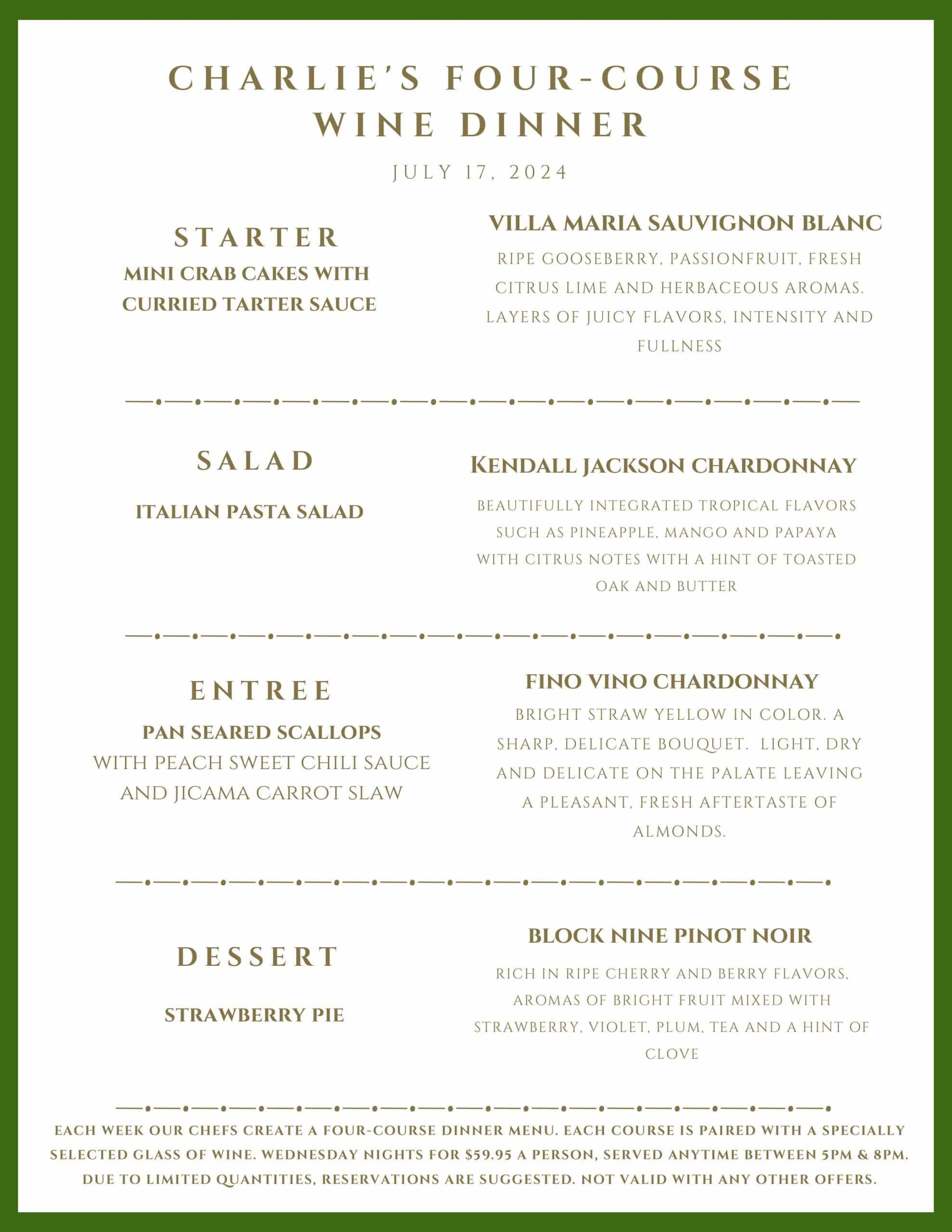 A menu for Charlie's Four-Course Wine Dinner on July 17, 2024, listing four food and wine pairing courses.
