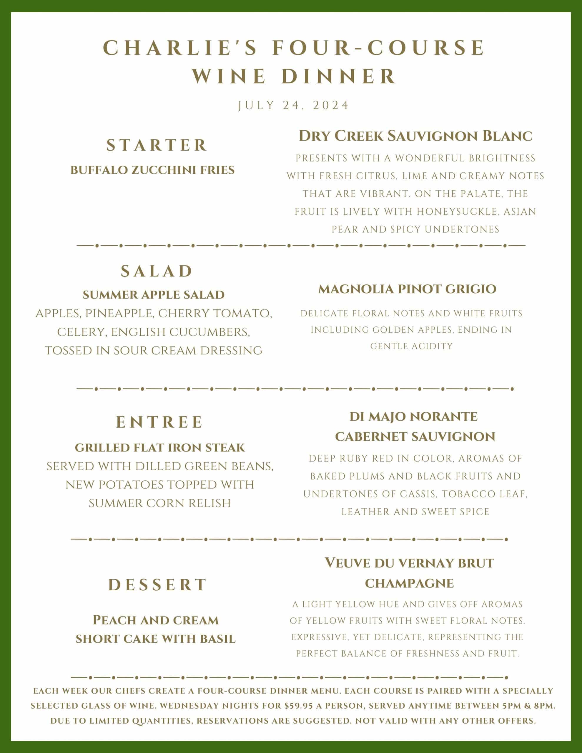 A menu for Charlie’s Four-Course Wine Dinner on July 24, 2024, featuring four food and wine pairings.