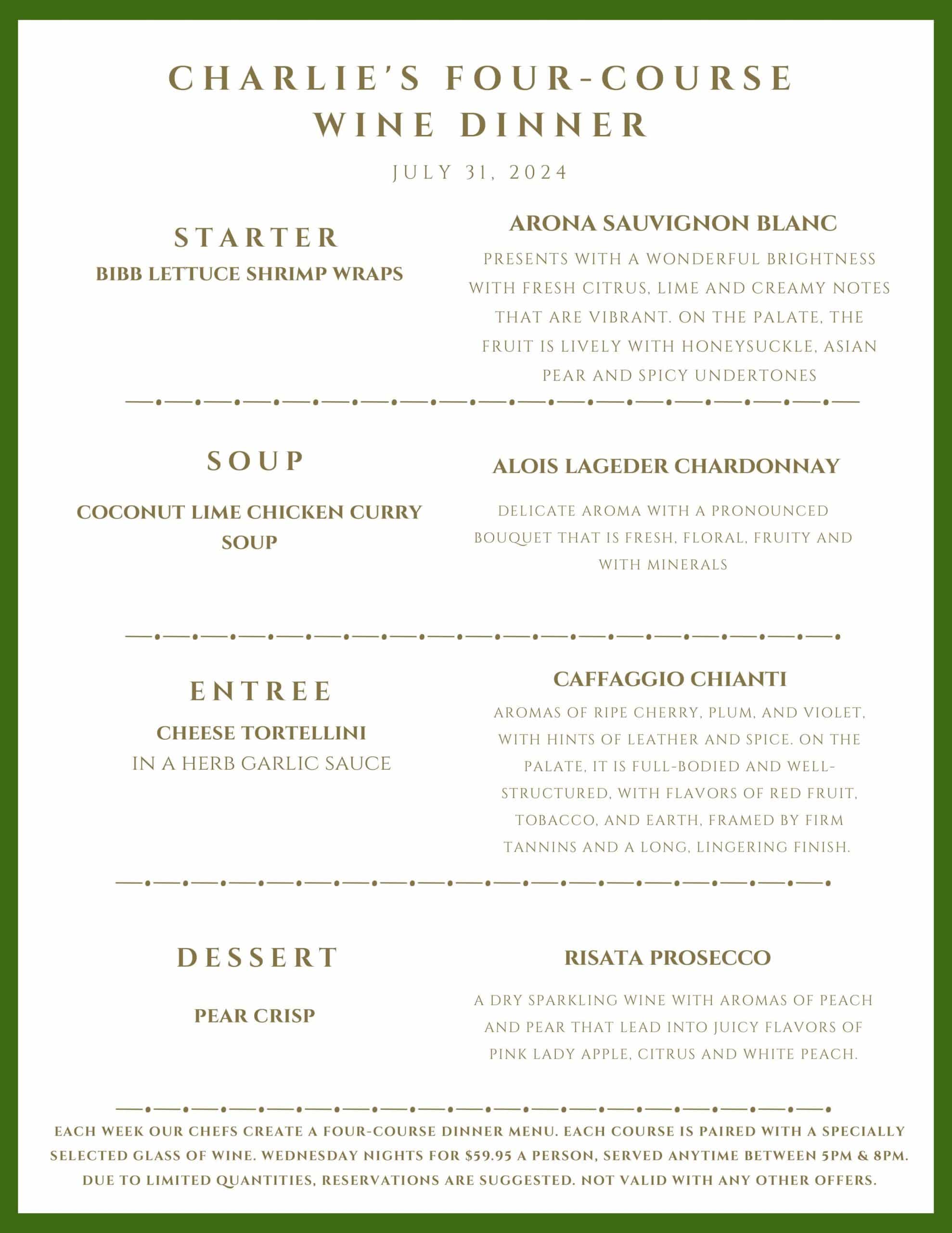 A four-course wine dinner menu titled "Charlie's Four-Course Wine Dinner" dated July 31, 2024.